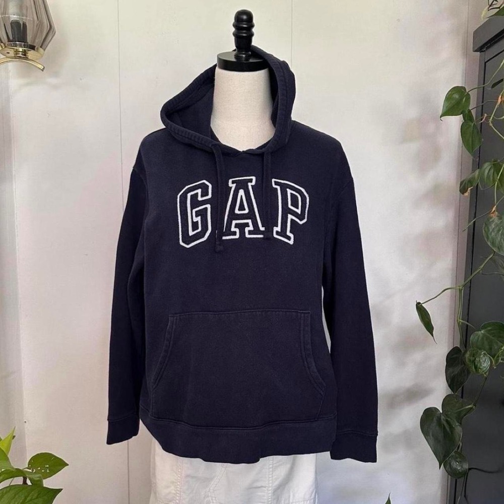 Gap Navy Blue Hoodie Y2K Arch Logo Fleece Sweatshirt Youth Large Fits Adult Med